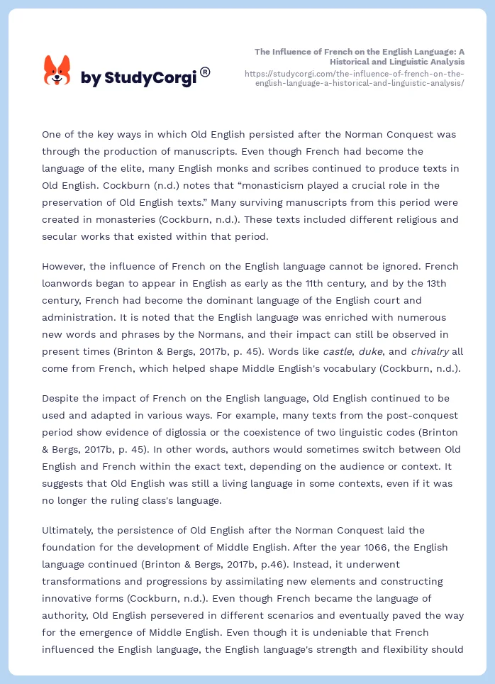 The Influence of French on the English Language: A Historical and Linguistic Analysis. Page 2