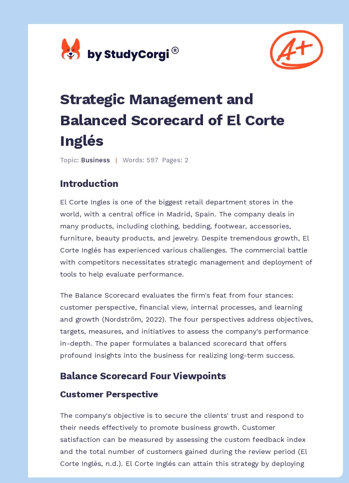 Strategic Management and Balanced Scorecard of El Corte Inglés. Page 1