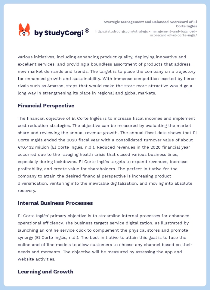 Strategic Management and Balanced Scorecard of El Corte Inglés. Page 2