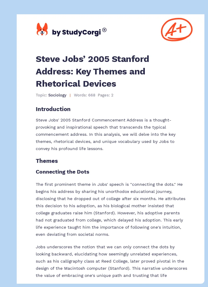 Steve Jobs’ 2005 Stanford Address: Key Themes and Rhetorical Devices. Page 1