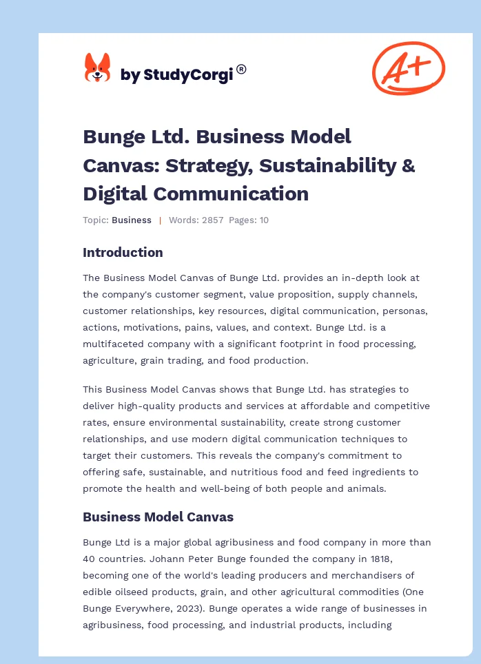 Bunge Ltd. Business Model Canvas: Strategy, Sustainability & Digital Communication. Page 1