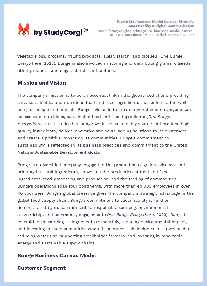 Bunge Ltd. Business Model Canvas: Strategy, Sustainability & Digital Communication. Page 2