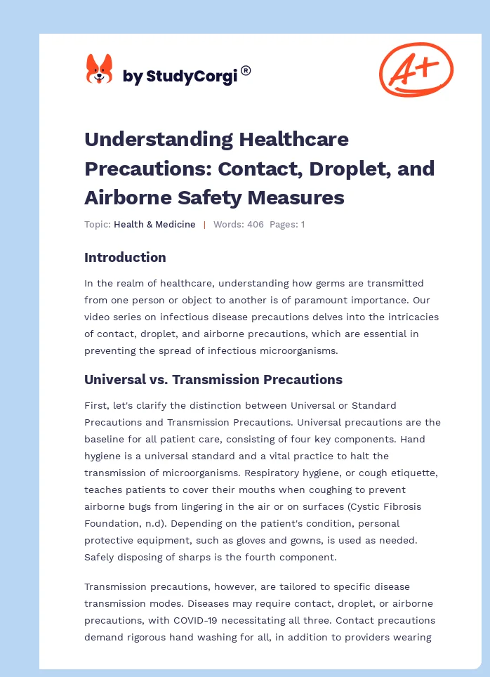 Understanding Healthcare Precautions: Contact, Droplet, and Airborne Safety Measures. Page 1