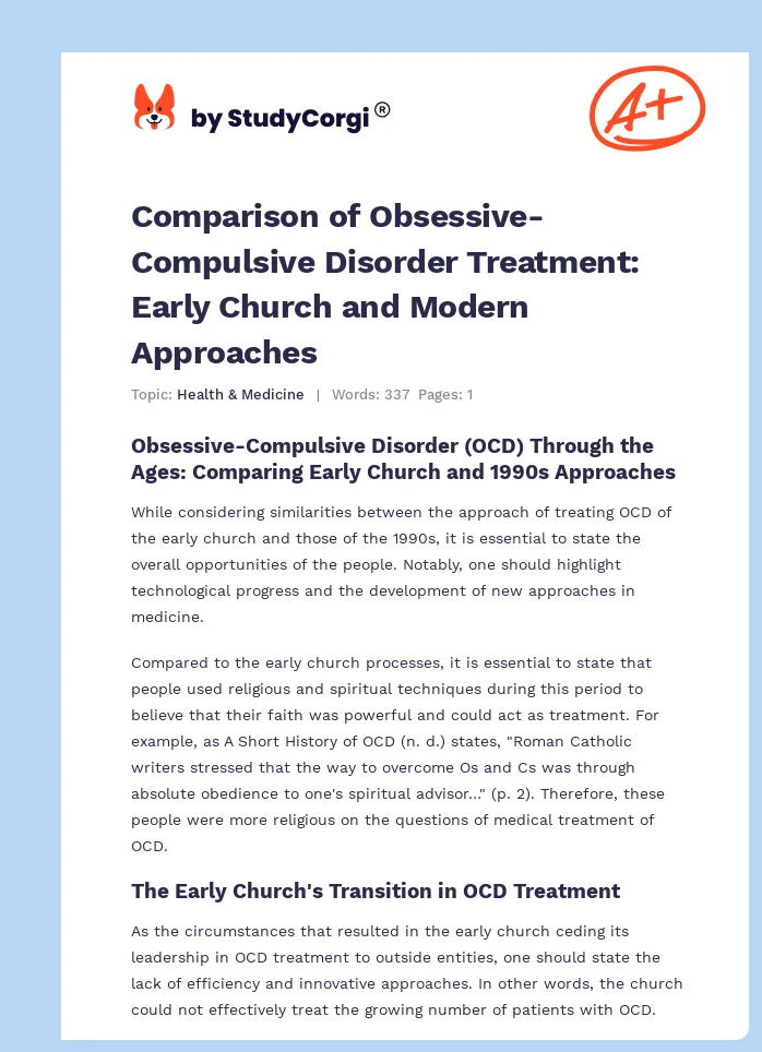 Comparison of Obsessive-Compulsive Disorder Treatment: Early Church and Modern Approaches. Page 1