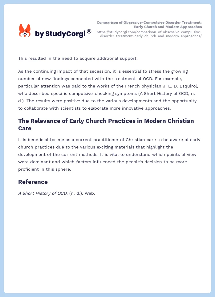 Comparison of Obsessive-Compulsive Disorder Treatment: Early Church and Modern Approaches. Page 2