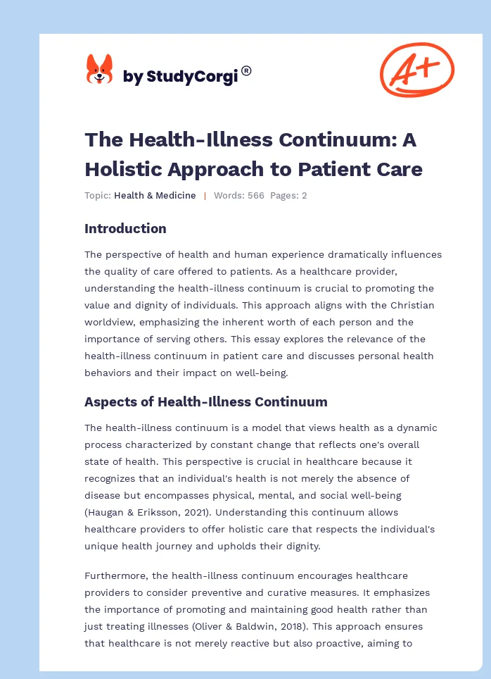 The Health-Illness Continuum: A Holistic Approach to Patient Care. Page 1