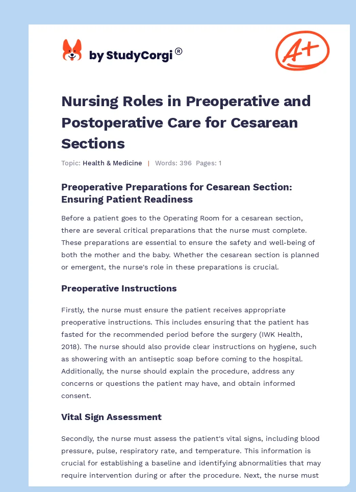 Nursing Roles in Preoperative and Postoperative Care for Cesarean Sections. Page 1