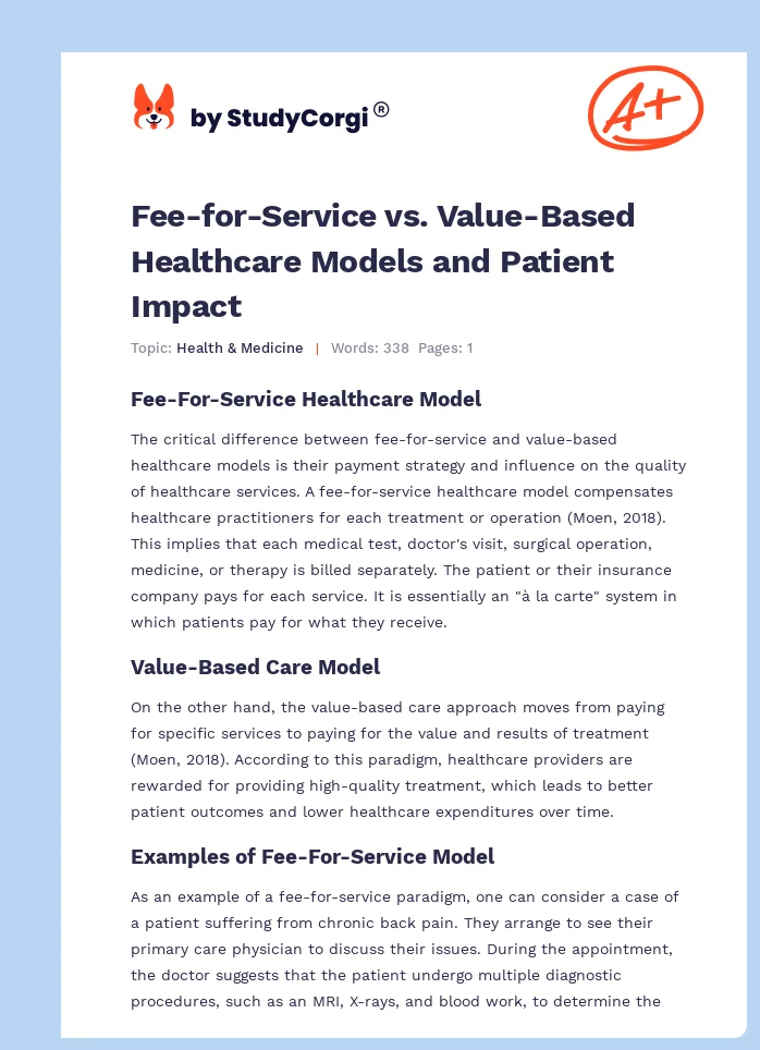 Fee-for-Service vs. Value-Based Healthcare Models and Patient Impact. Page 1