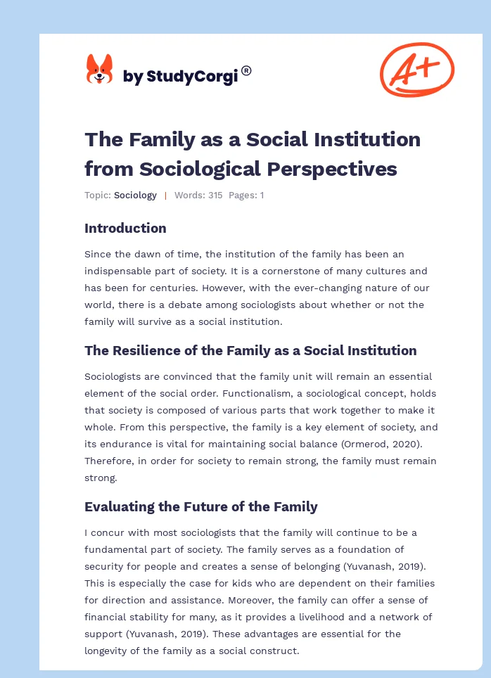 The Family as a Social Institution from Sociological Perspectives. Page 1