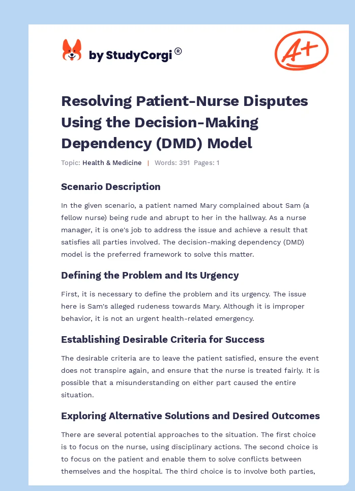 Resolving Patient-Nurse Disputes Using the Decision-Making Dependency (DMD) Model. Page 1