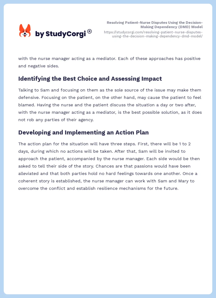 Resolving Patient-Nurse Disputes Using the Decision-Making Dependency (DMD) Model. Page 2