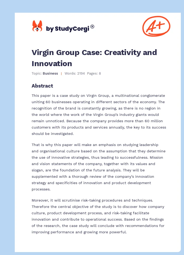 Virgin Group Case: Creativity and Innovation. Page 1