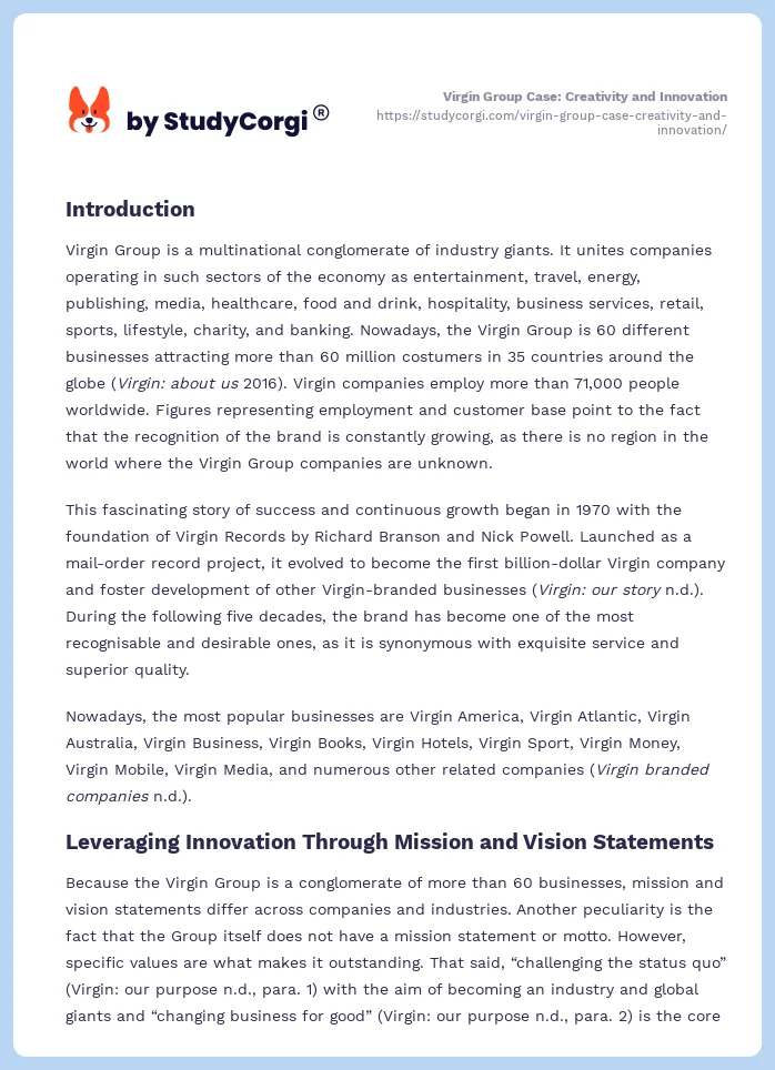 Virgin Group Case: Creativity and Innovation. Page 2