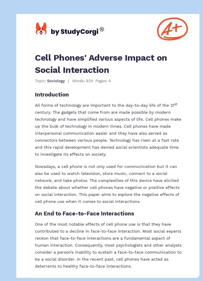 Cell Phones' Adverse Impact on Social Interaction. Page 1
