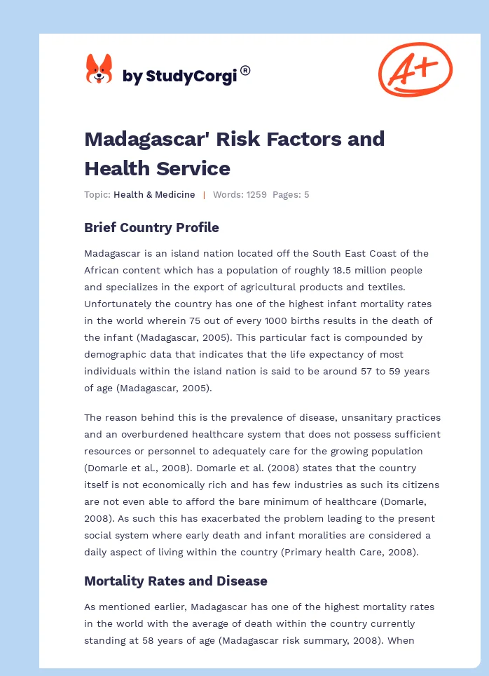 Madagascar' Risk Factors and Health Service. Page 1