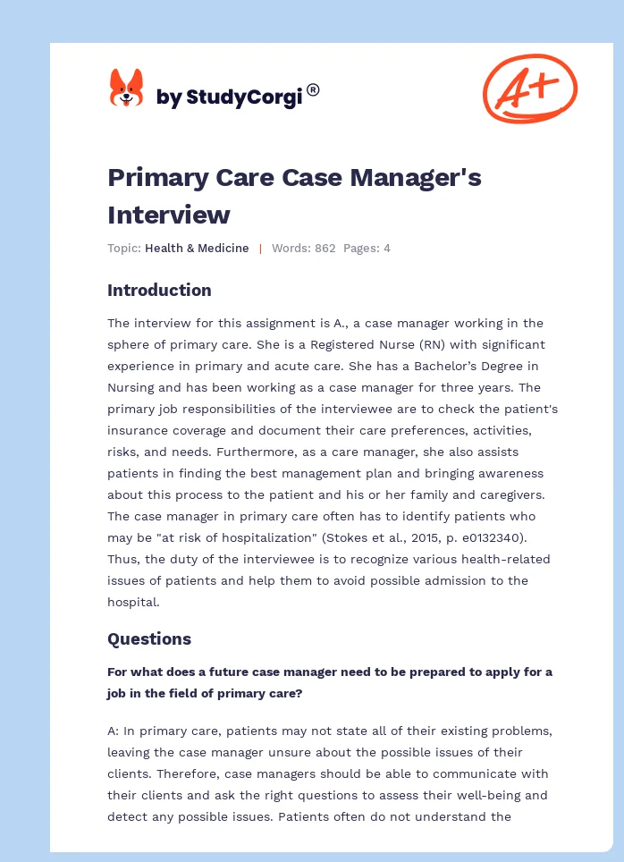 Primary Care Case Manager's Interview. Page 1