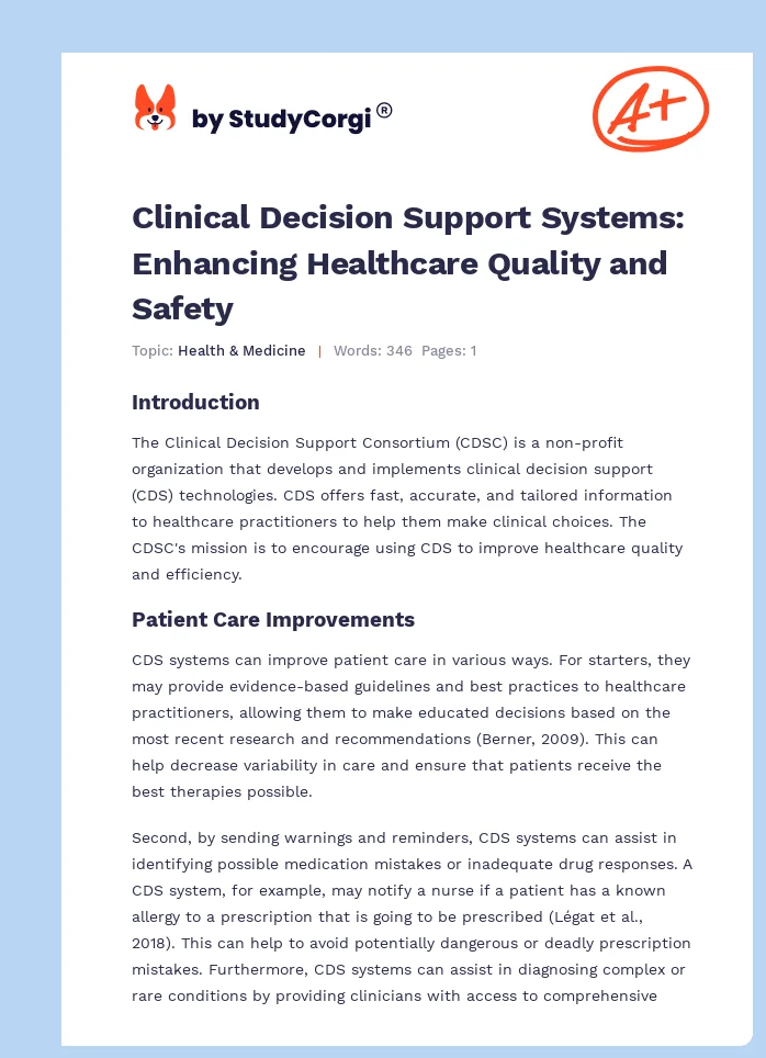 Clinical Decision Support Systems: Enhancing Healthcare Quality and Safety. Page 1