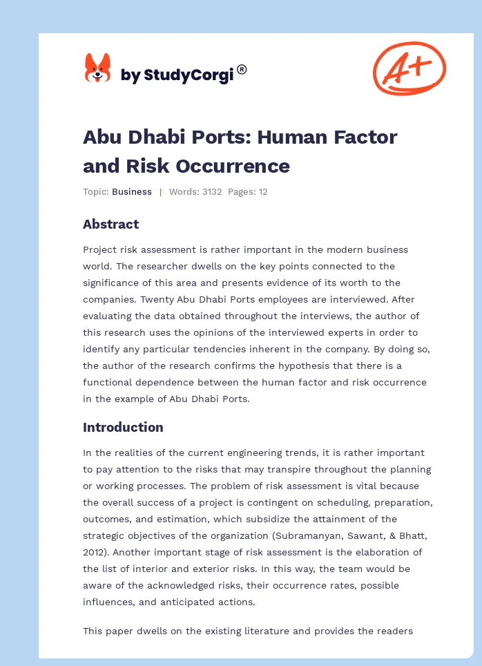 Abu Dhabi Ports: Human Factor and Risk Occurrence. Page 1