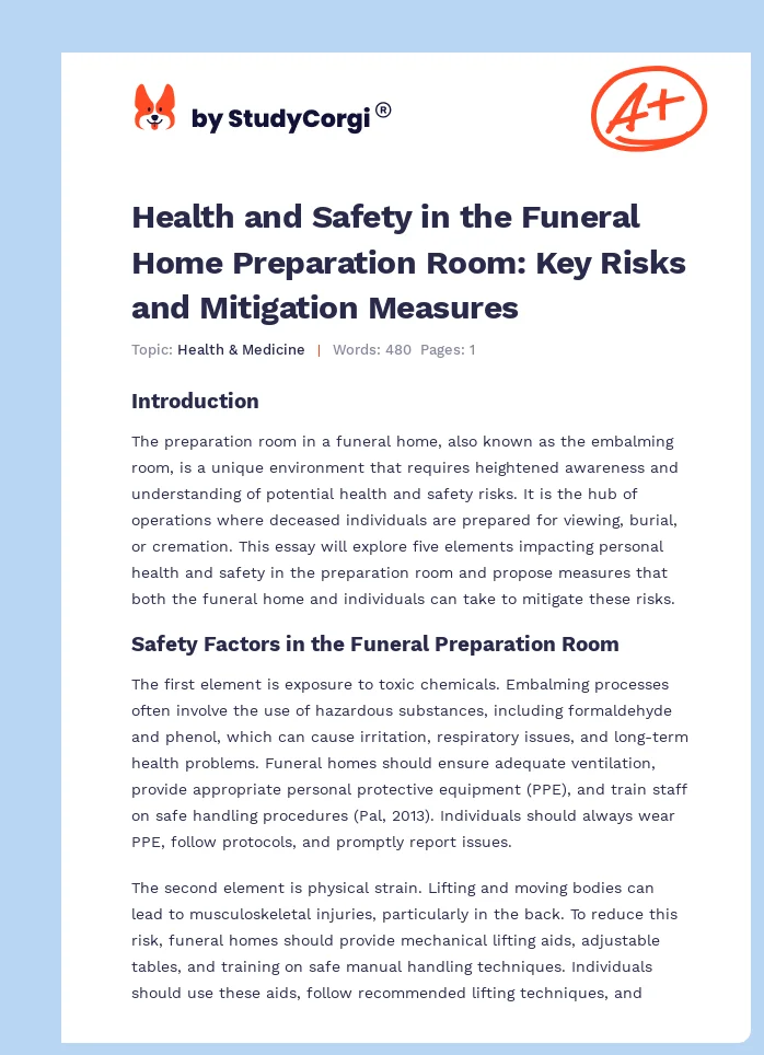 Health and Safety in the Funeral Home Preparation Room: Key Risks and Mitigation Measures. Page 1