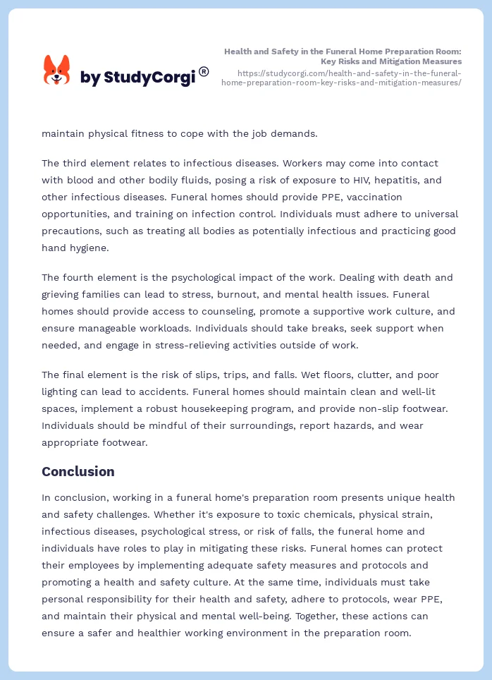 Health and Safety in the Funeral Home Preparation Room: Key Risks and Mitigation Measures. Page 2
