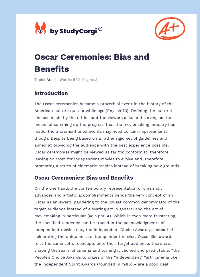 Oscar Ceremonies: Bias and Benefits. Page 1
