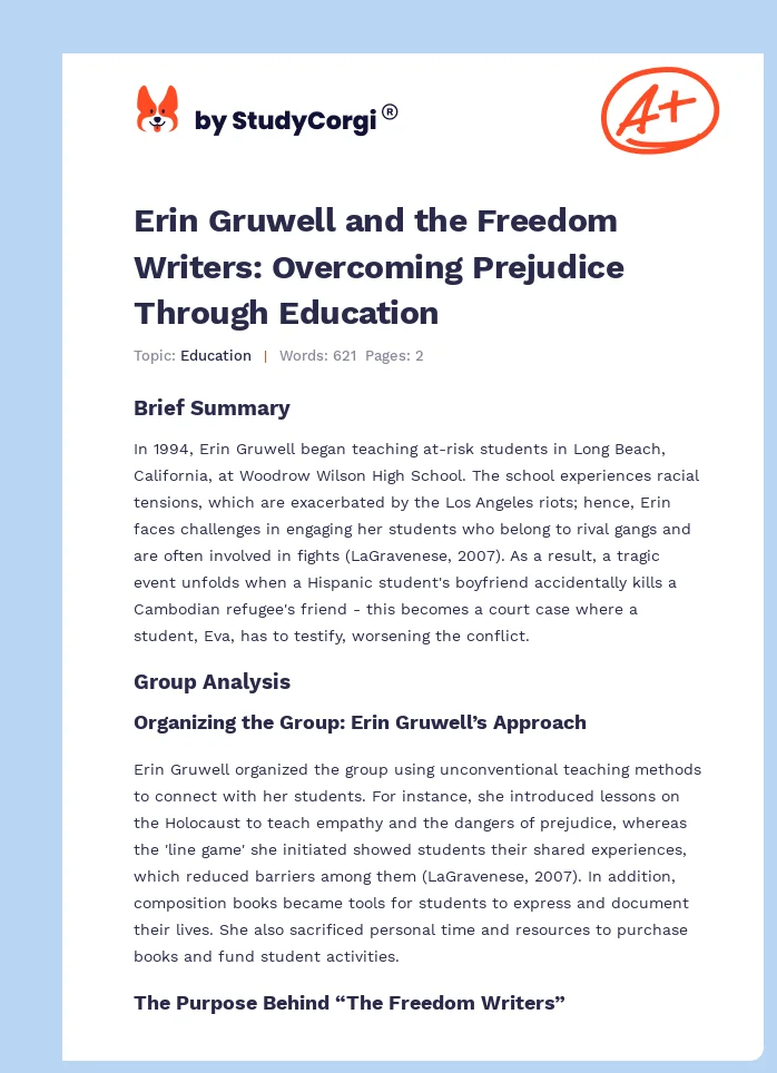 Erin Gruwell and the Freedom Writers: Overcoming Prejudice Through Education. Page 1