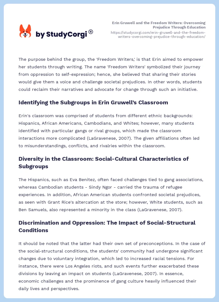 Erin Gruwell and the Freedom Writers: Overcoming Prejudice Through Education. Page 2