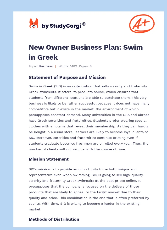 New Owner Business Plan: Swim in Greek. Page 1