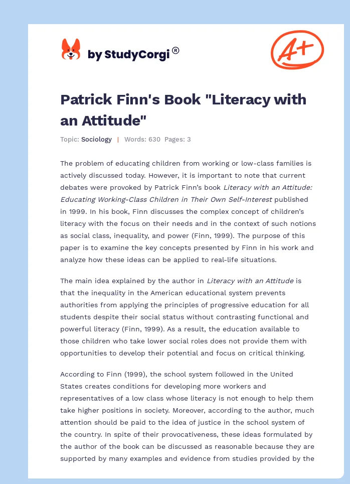 Patrick Finn's Book "Literacy with an Attitude". Page 1