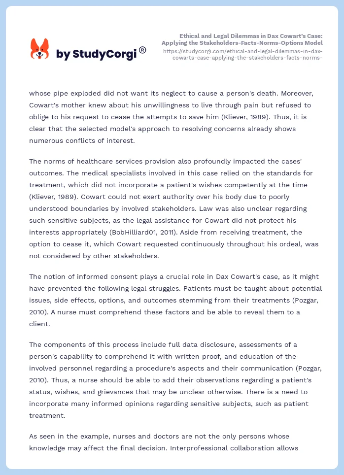 Ethical and Legal Dilemmas in Dax Cowart’s Case: Applying the Stakeholders-Facts-Norms-Options Model. Page 2