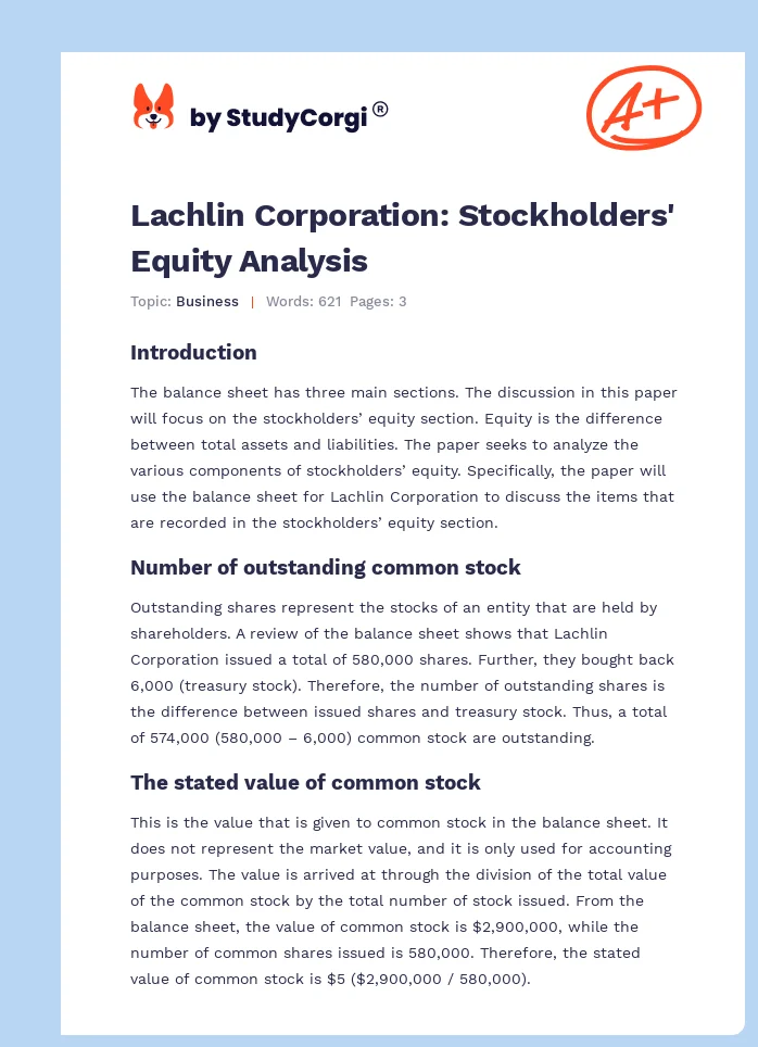 Lachlin Corporation: Stockholders' Equity Analysis. Page 1