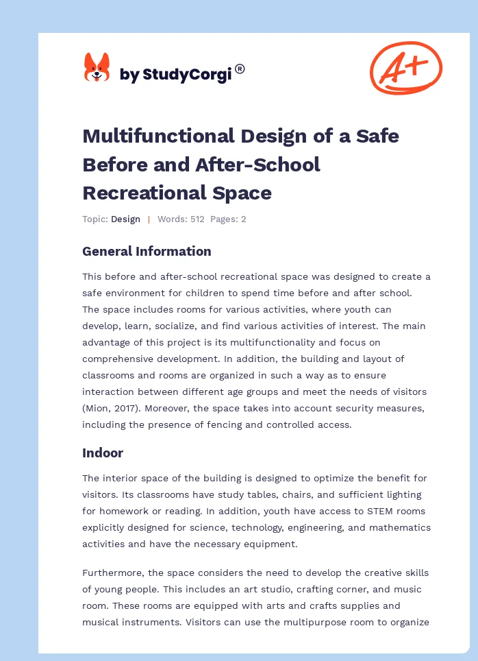 Multifunctional Design of a Safe Before and After-School Recreational Space. Page 1