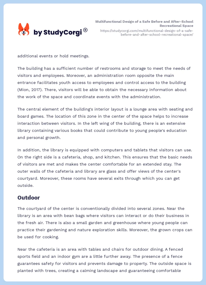 Multifunctional Design of a Safe Before and After-School Recreational Space. Page 2