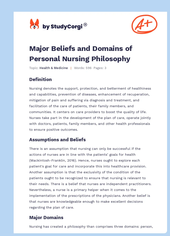 Major Beliefs and Domains of Personal Nursing Philosophy. Page 1