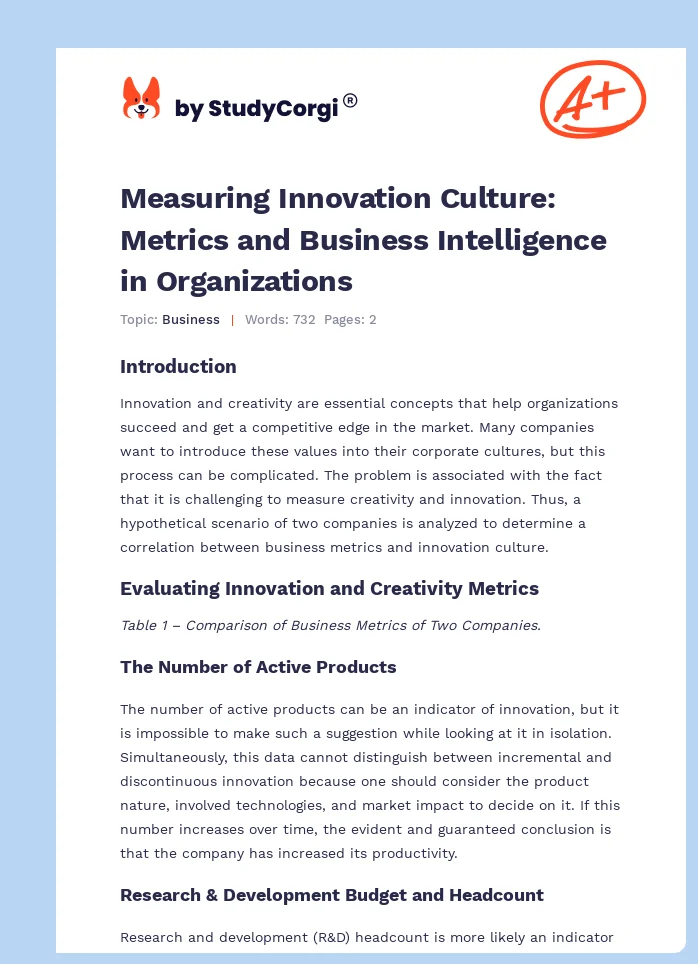 Measuring Innovation Culture: Metrics and Business Intelligence in Organizations. Page 1