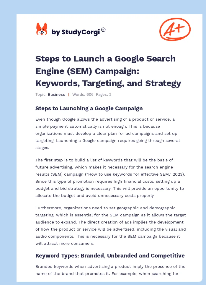 Steps to Launch a Google Search Engine (SEM) Campaign: Keywords, Targeting, and Strategy. Page 1