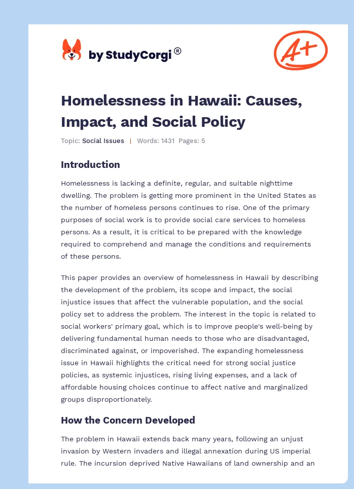 Homelessness in Hawaii: Causes, Impact, and Social Policy. Page 1