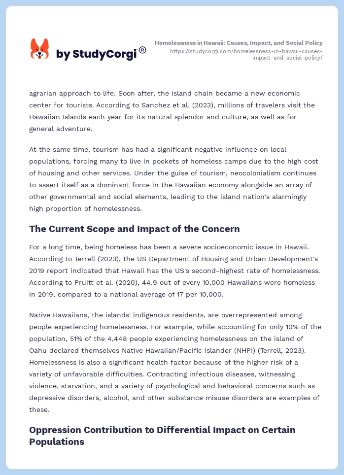 Homelessness in Hawaii: Causes, Impact, and Social Policy. Page 2