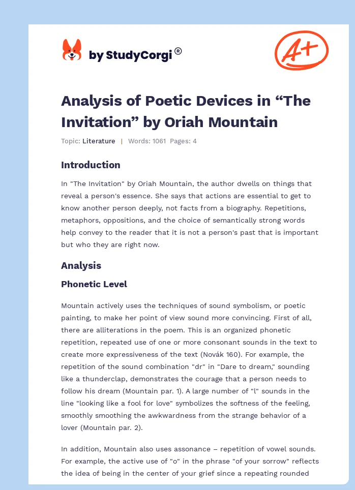 Analysis of Poetic Devices in “The Invitation” by Oriah Mountain. Page 1