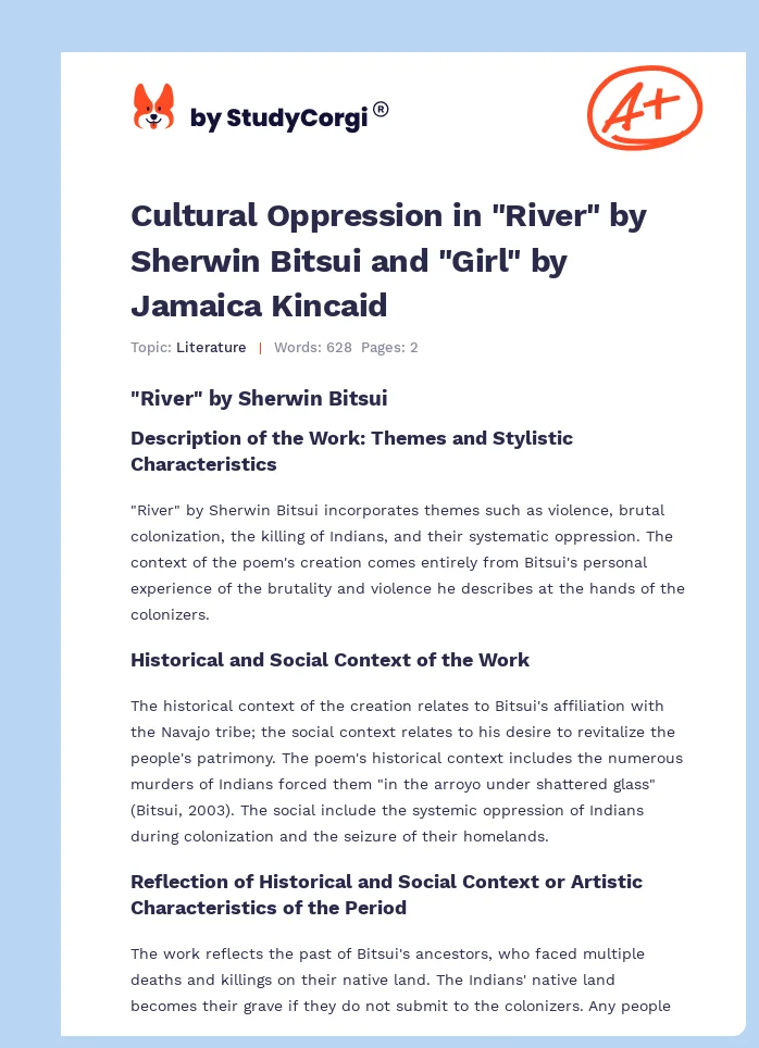 Cultural Oppression in "River" by Sherwin Bitsui and "Girl" by Jamaica Kincaid. Page 1