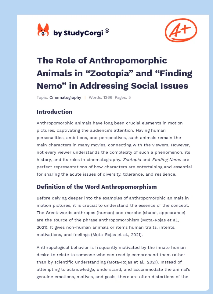 The Role of Anthropomorphic Animals in “Zootopia” and “Finding Nemo” in Addressing Social Issues. Page 1