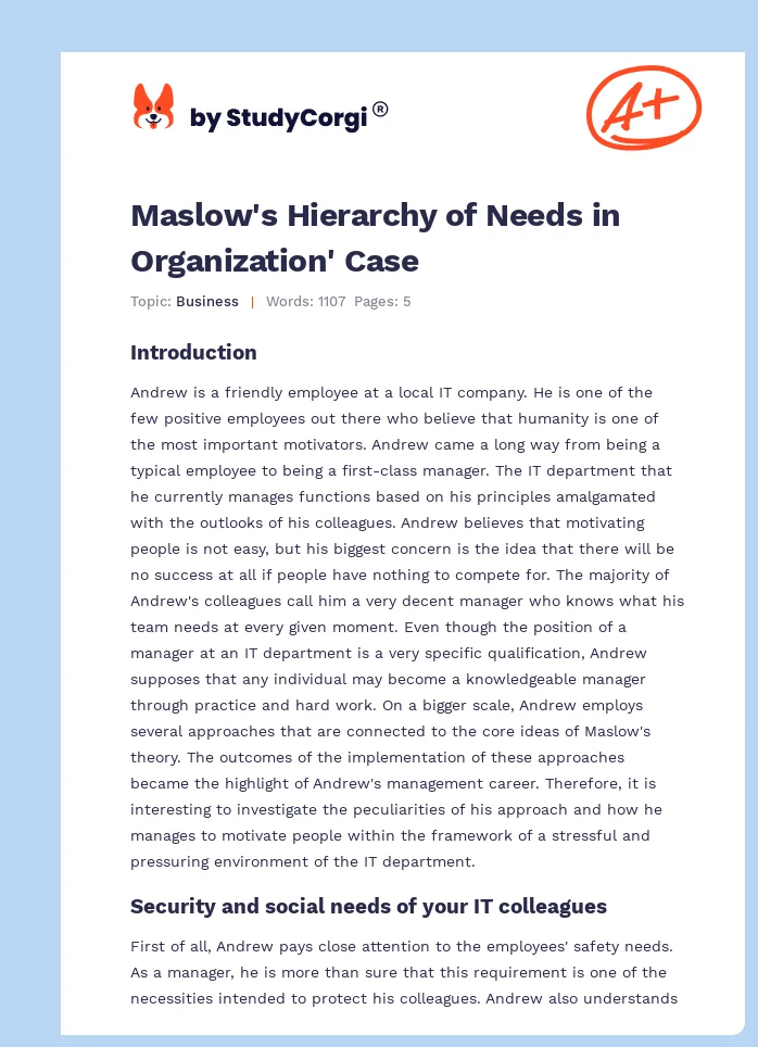 Maslow's Hierarchy of Needs in Organization' Case. Page 1