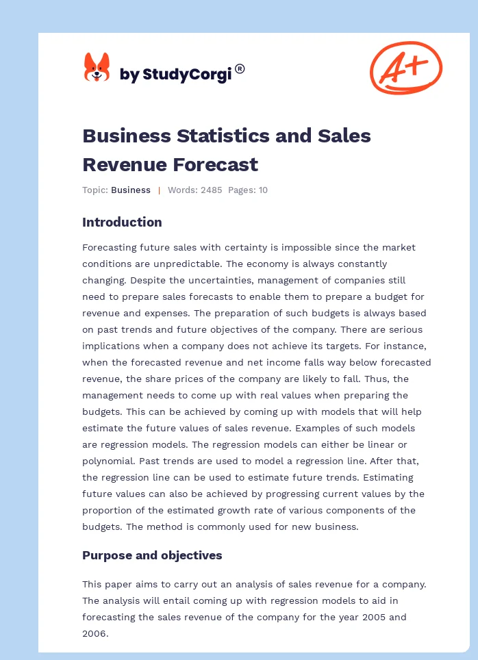 Business Statistics and Sales Revenue Forecast. Page 1