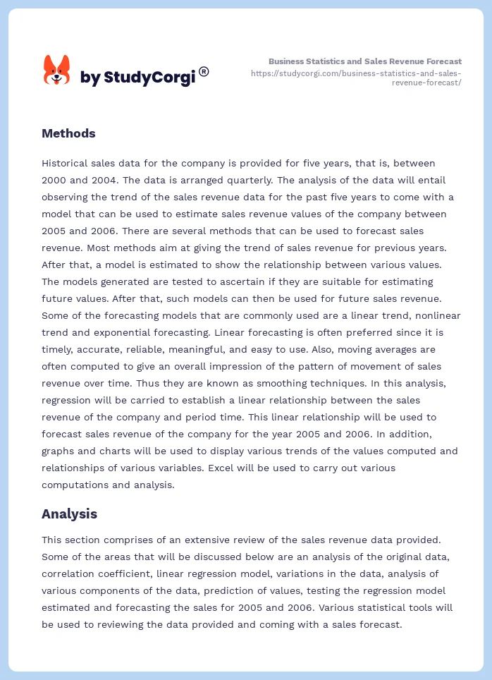 Business Statistics and Sales Revenue Forecast. Page 2