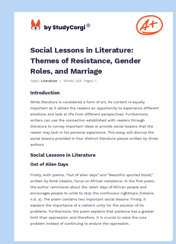 Social Lessons in Literature: Themes of Resistance, Gender Roles, and Marriage. Page 1