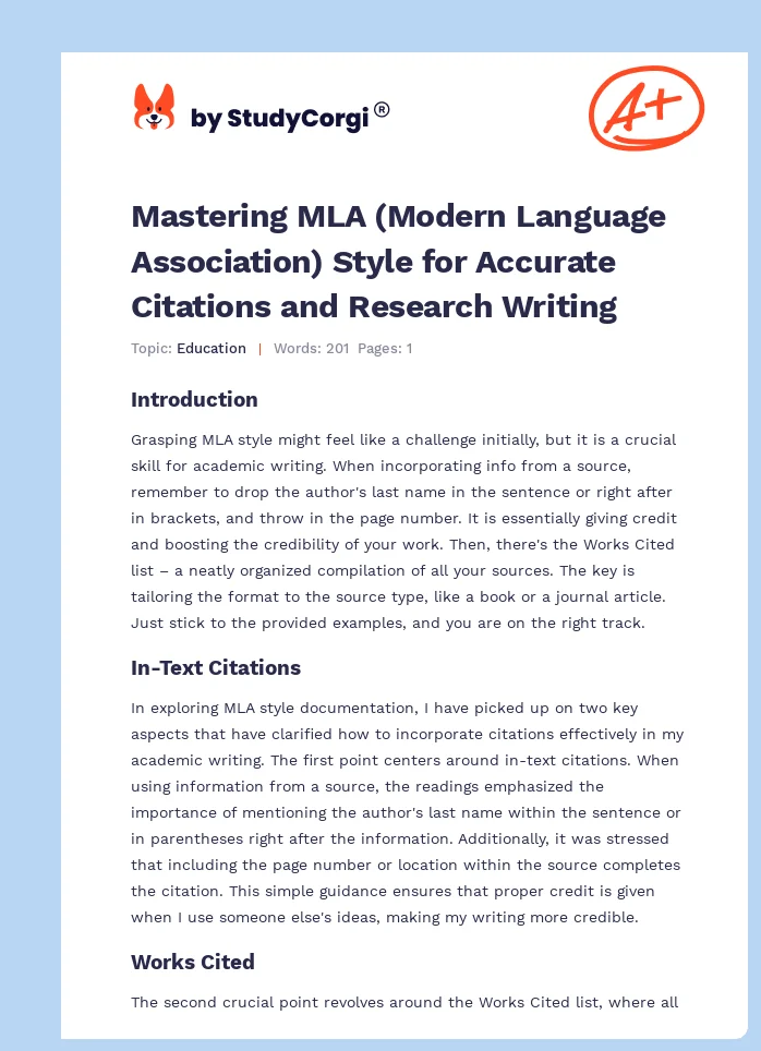 Mastering MLA (Modern Language Association) Style for Accurate Citations and Research Writing. Page 1