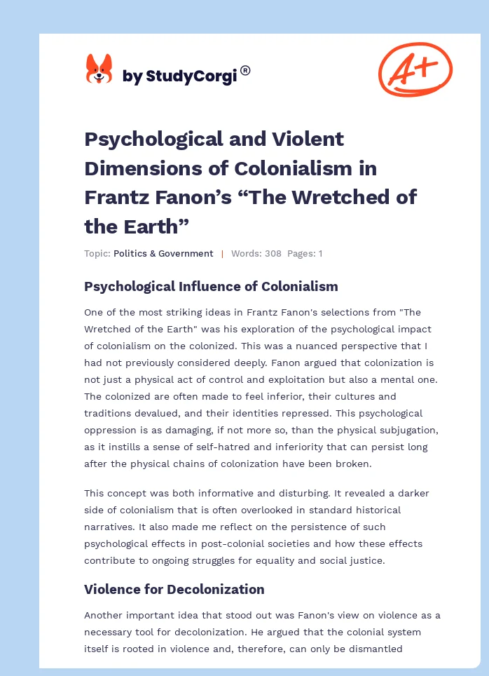Psychological and Violent Dimensions of Colonialism in Frantz Fanon’s “The Wretched of the Earth”. Page 1