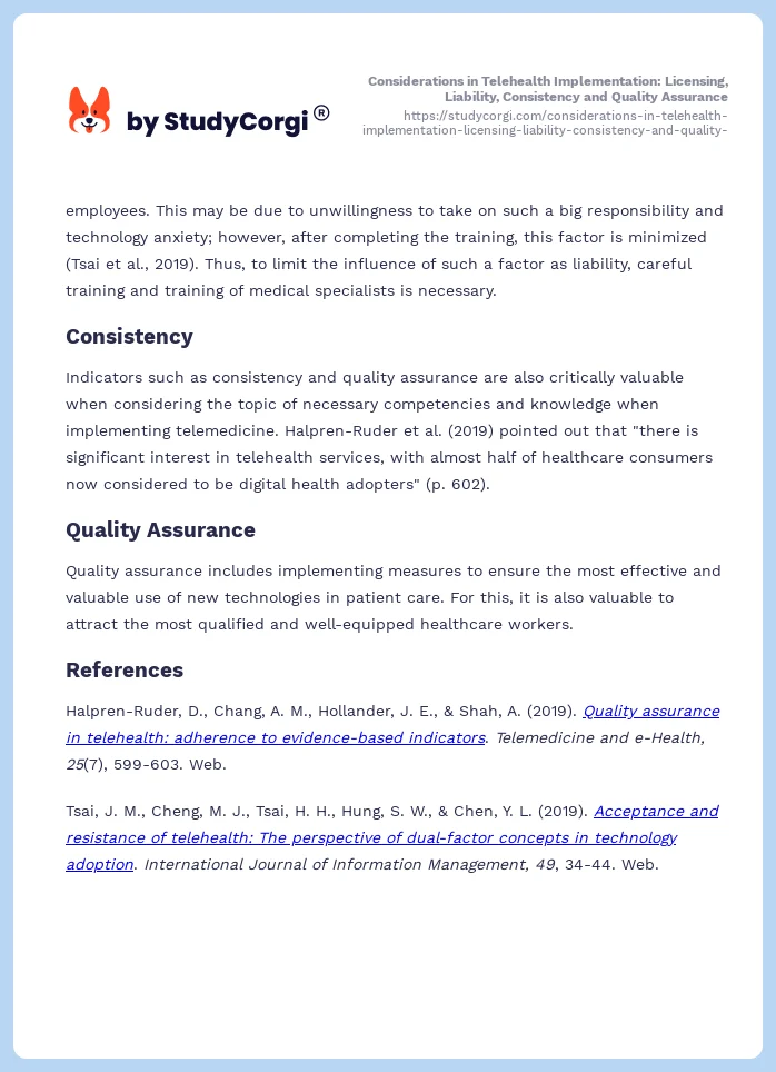 Considerations in Telehealth Implementation: Licensing, Liability, Consistency and Quality Assurance. Page 2