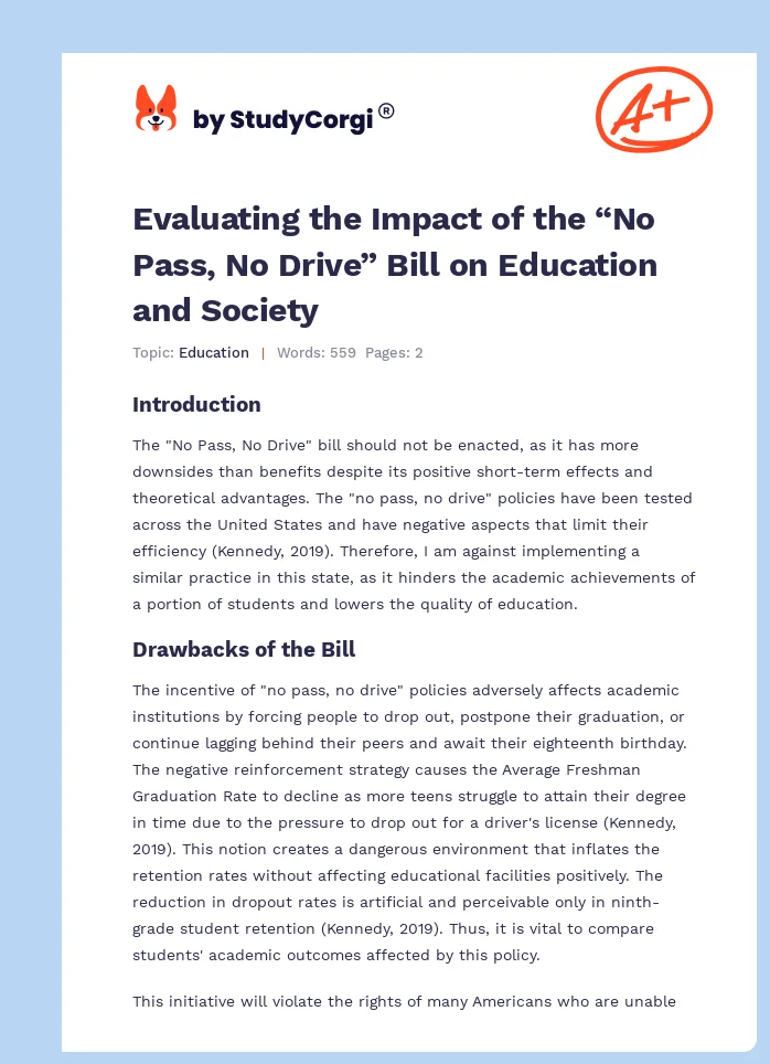 Evaluating the Impact of the “No Pass, No Drive” Bill on Education and Society. Page 1