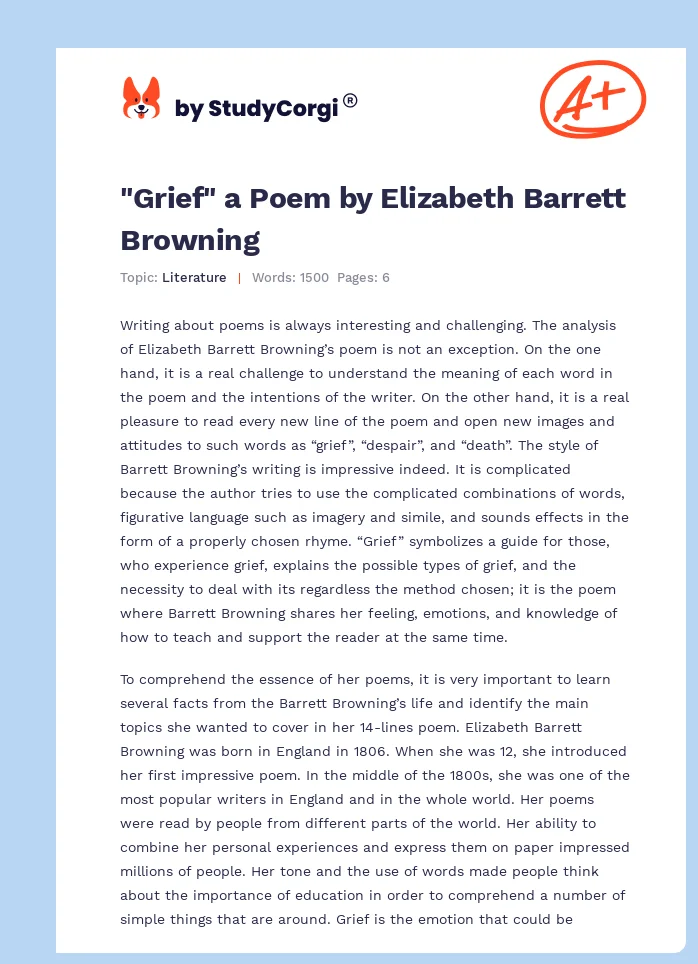 "Grief" a Poem by Elizabeth Barrett Browning. Page 1